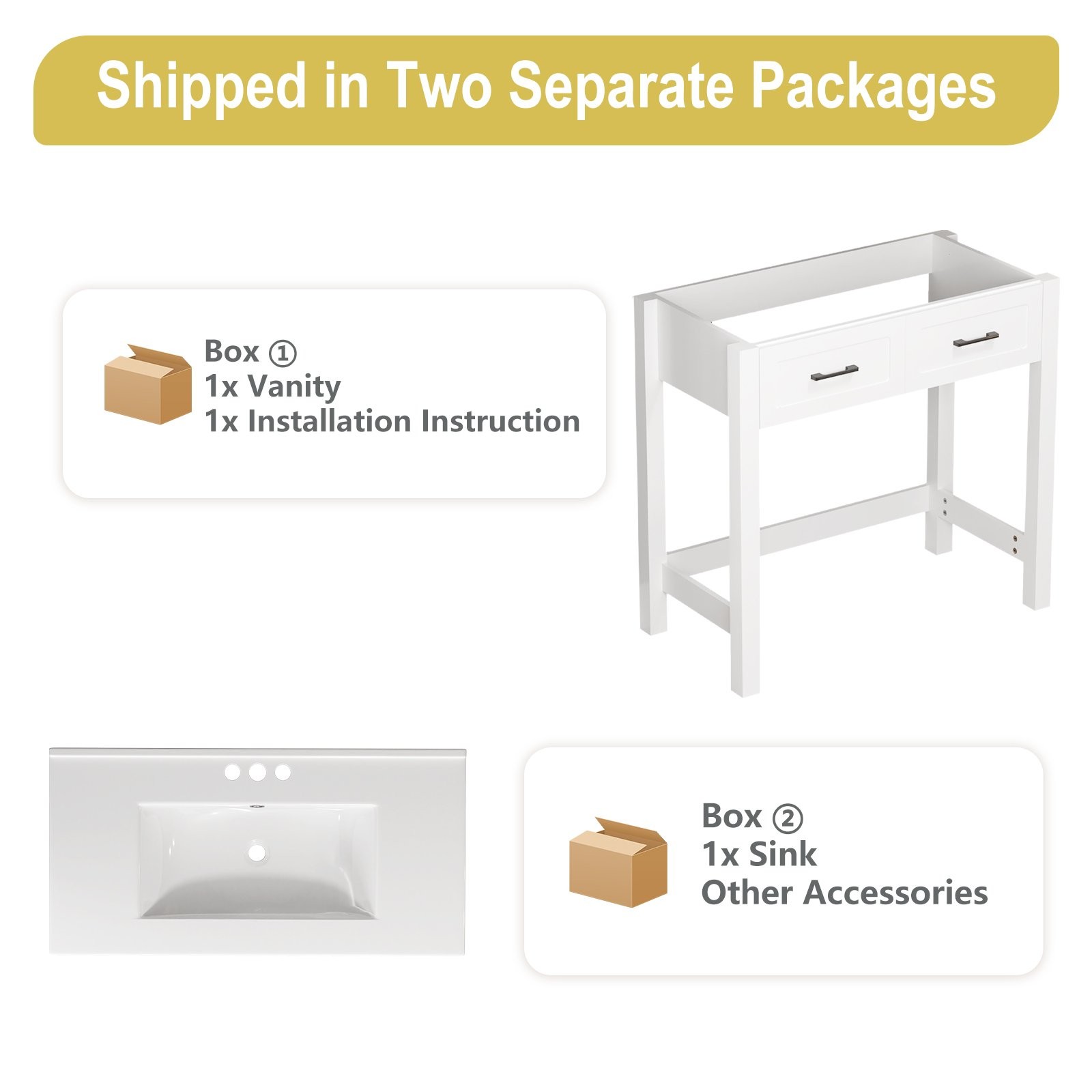 36″ White Bathroom Vanity with a Tip-out Drawer & Ceramic Sink for Elderly