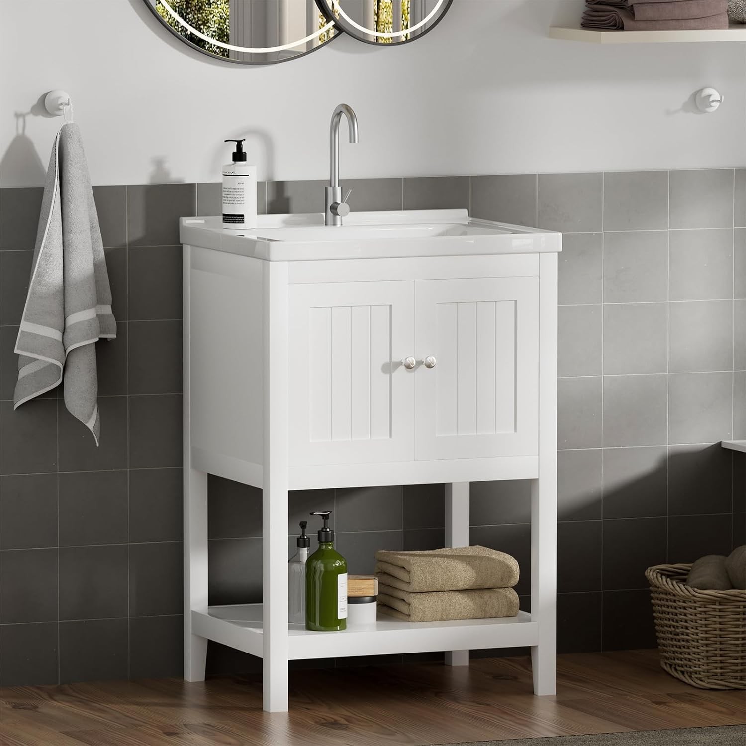 24 Inch Bathroom Vanity with Sink, Bathroom Sink Cabinet with 2 Doors and 1 Open