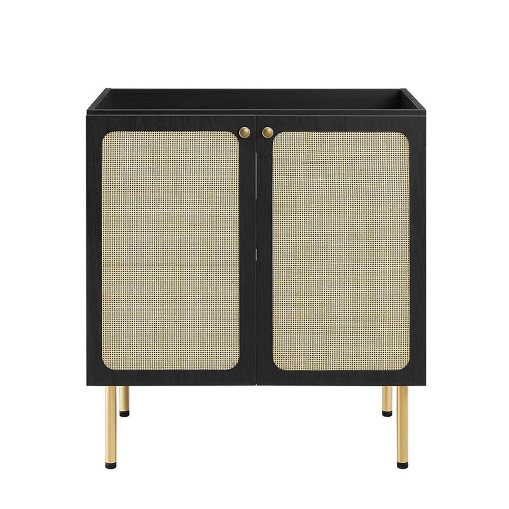 Pemberly Row 30″ Wood & Rattan Bathroom Vanity in Black/White