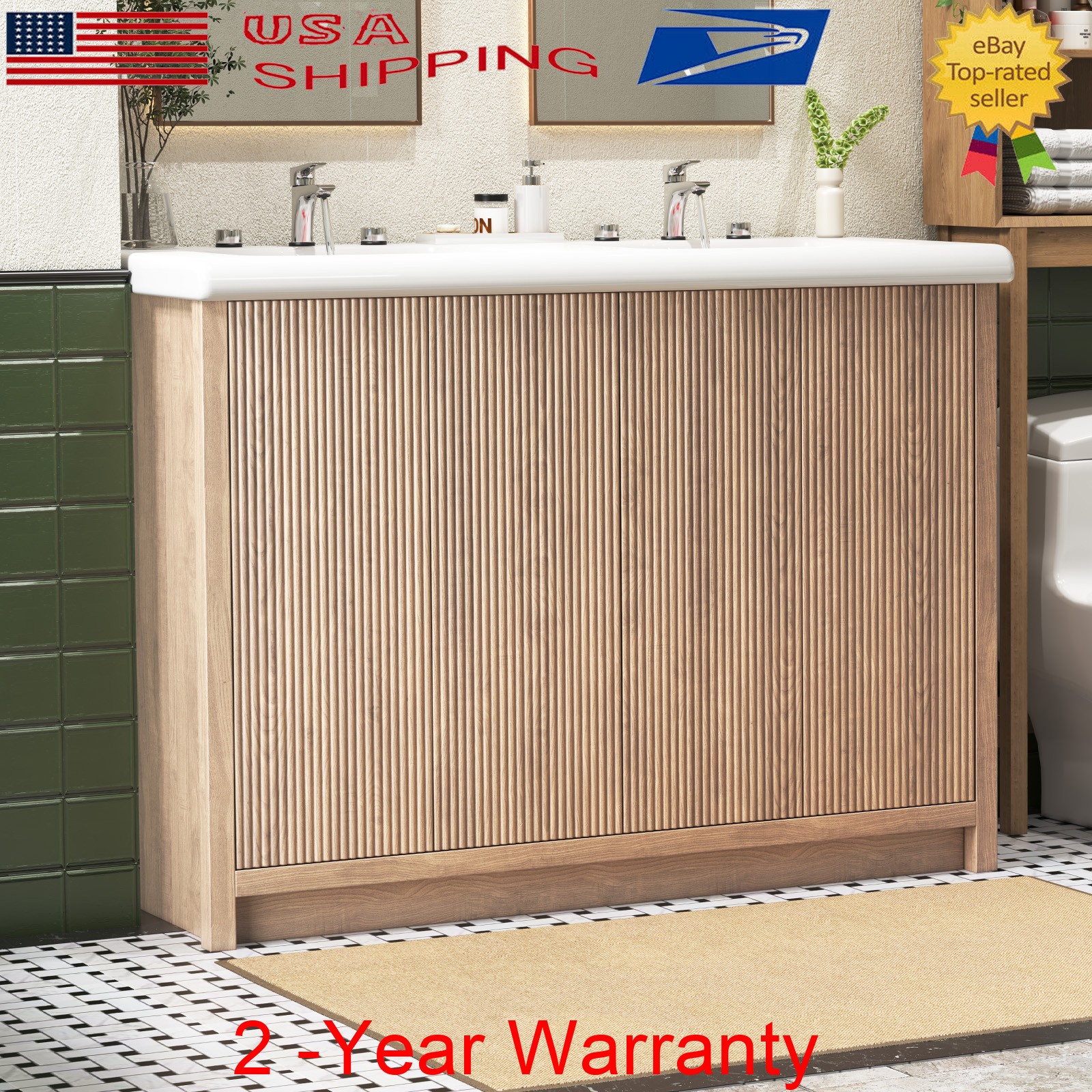 47.3″ Bathroom Vanity Set Double Sink Ceramic Freestanding Cabinet Wood Grain