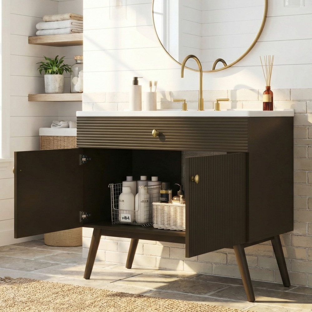 36″ Striped Bathroom Vanity,Soft-Close Dual-Door Storage &Premium Ceramic Sink