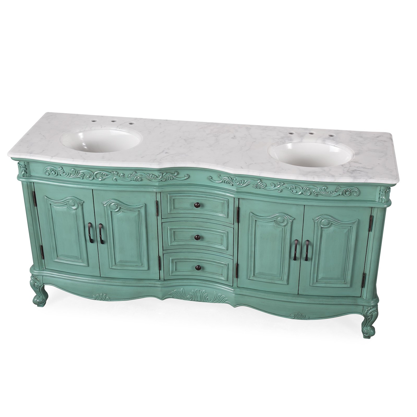 72″ Double Sink Vanity Carrara White Marble Top Bathroom Vintage Green Cabinet