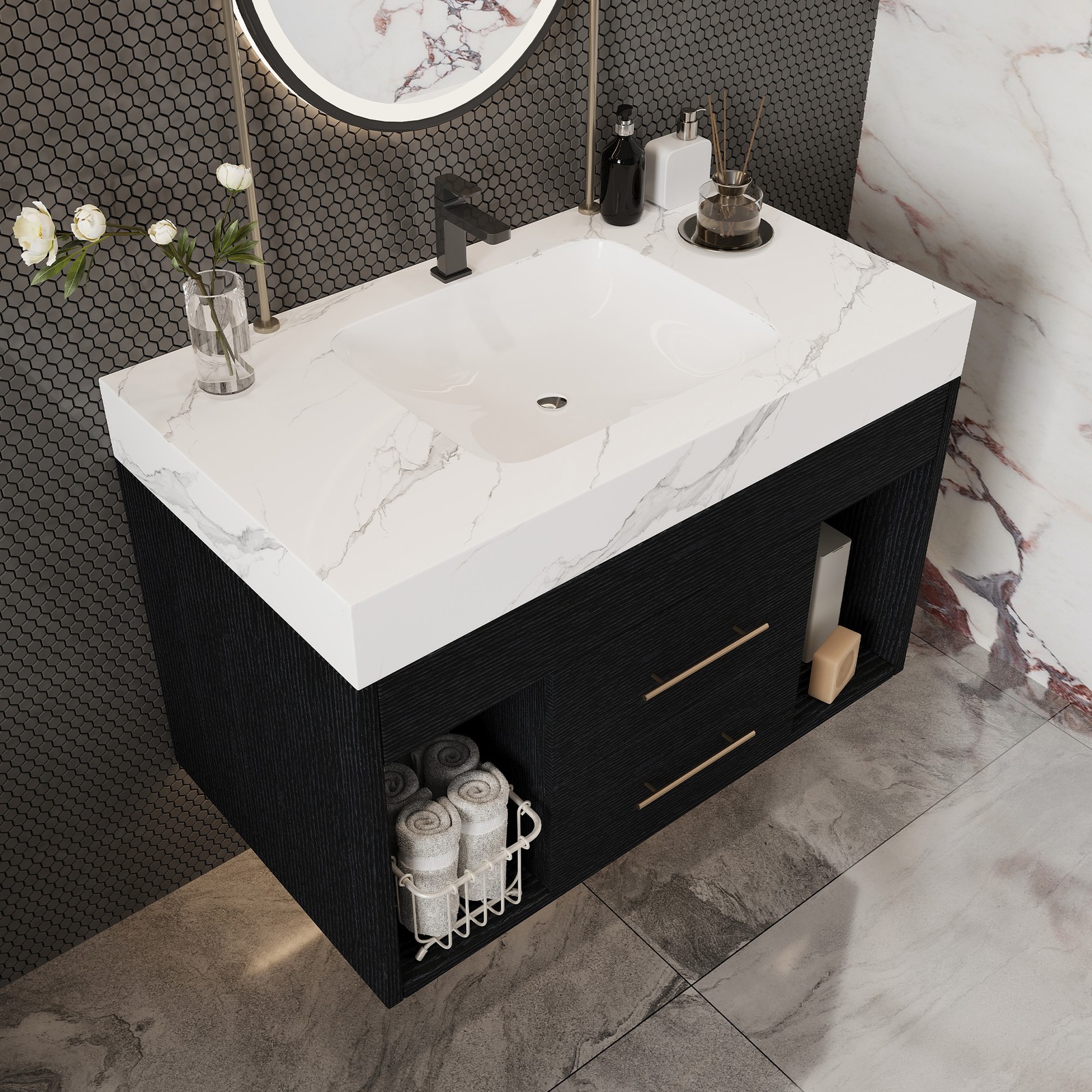 Modern Floating Bathroom Vanity Sintered Stone Top Ceramic Undermount Sink 29.9″