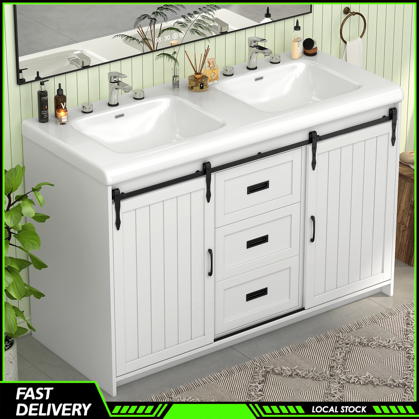 47″ Freestanding Bathroom Vanity w/ Double Ceramic Sink &2 Drawers Storage Space