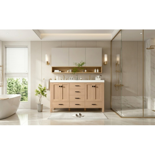 59.3″ Bathroom Vanity with Solid Wood Frame & MDF Cabinet,Double SMC Resin Sink