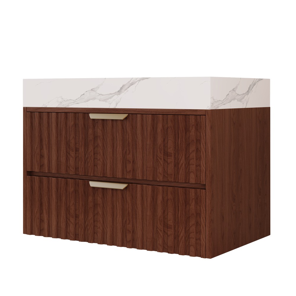 30″ Walnut Wall Mount Floating Bathroom Vanity Sintered Stone Top Ceramic Sink