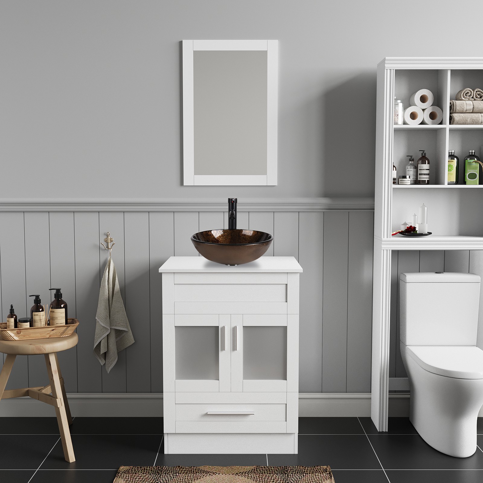 24″ Bathroom Vanity Set Glass Vessel Sink Large Wall Mirror & Faucet Included
