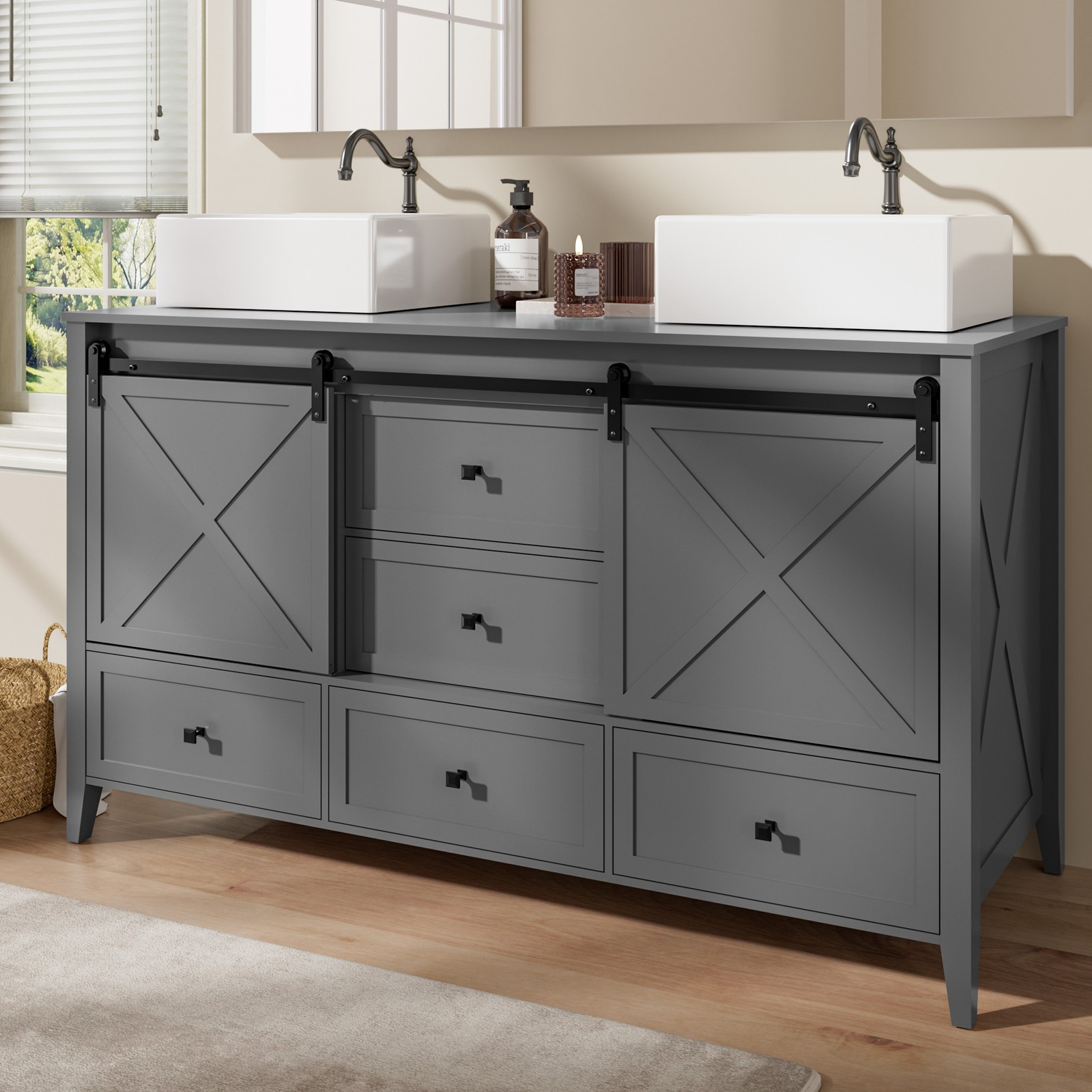 60″ Bathroom Vanity Double Sink Ceramic Freestanding Cabinet Wood Grain Modern