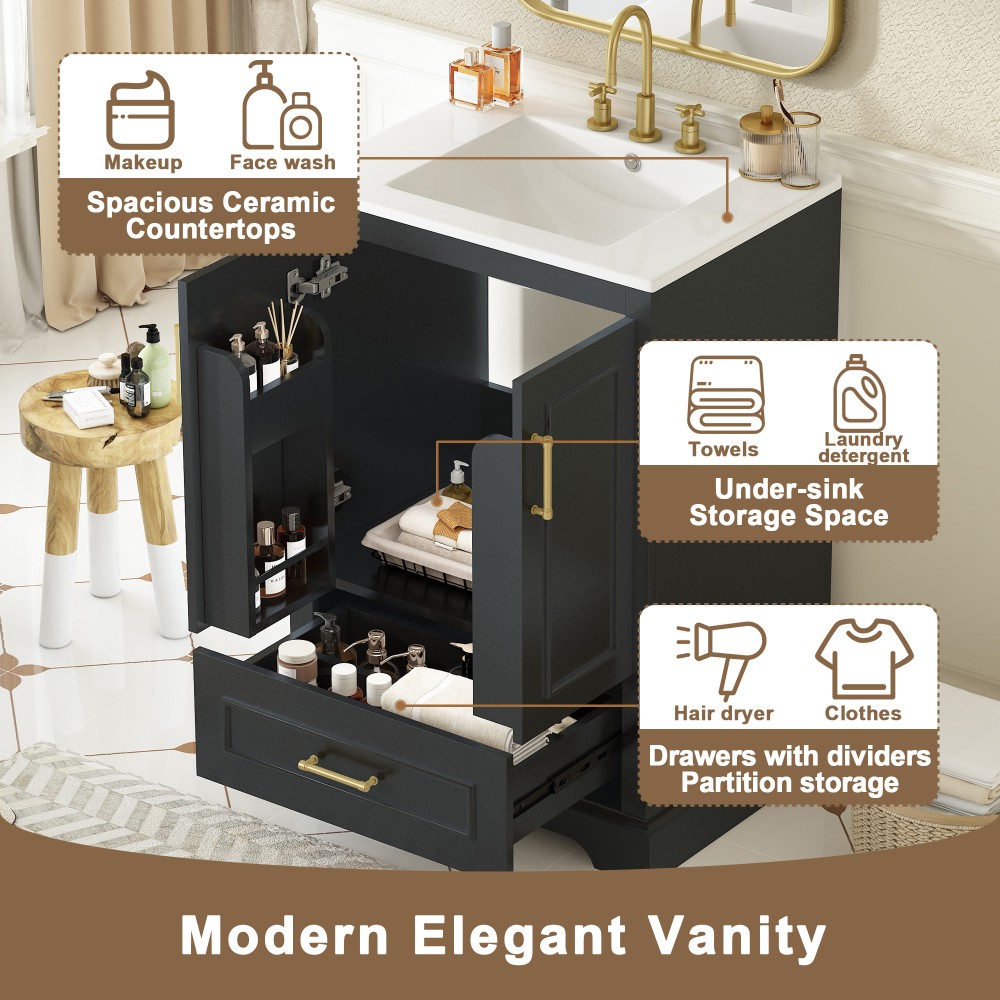24″ Bathroom Vanity w Sink MDF Cabinet with Solid Wood Frame Freestanding Vanity