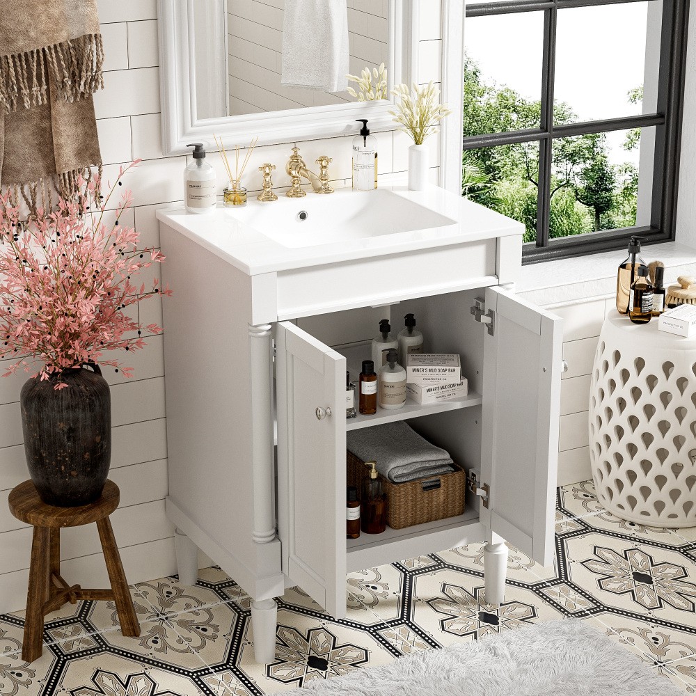 24” Bathroom Vanity with Top Sink, 2-Tier Modern Bathroom Storage Cabinet