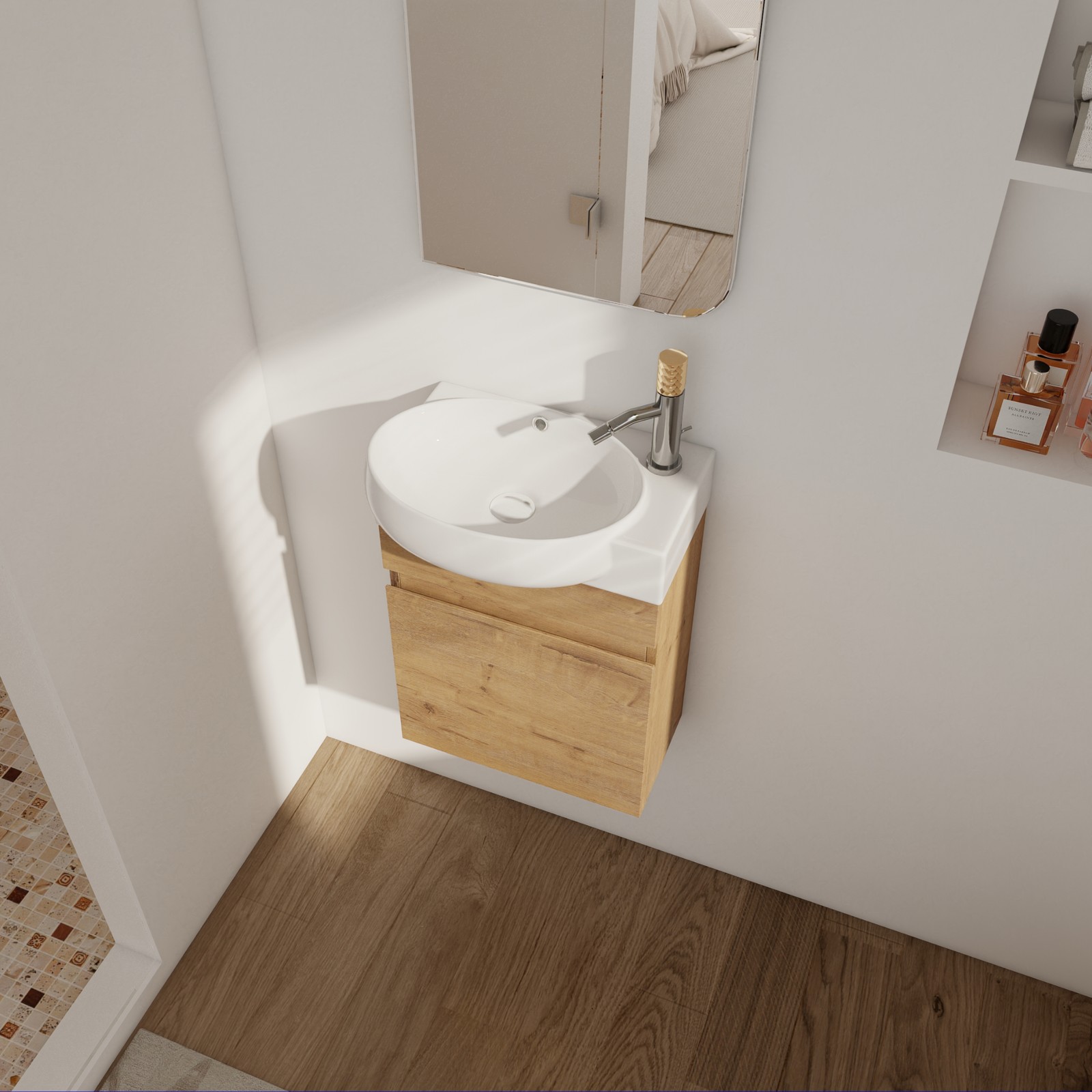 16″ Plywood Bathroom Vanity W/ Sink Basin Combo Wall Mounted for Small Space Oak