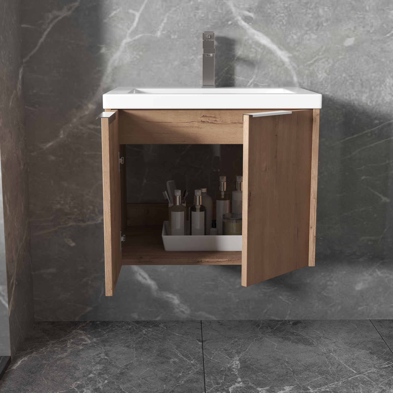 24 in Wooden Wall Mounted Bathroom Vanity Cabinet W/ Resin Sink for Small Space
