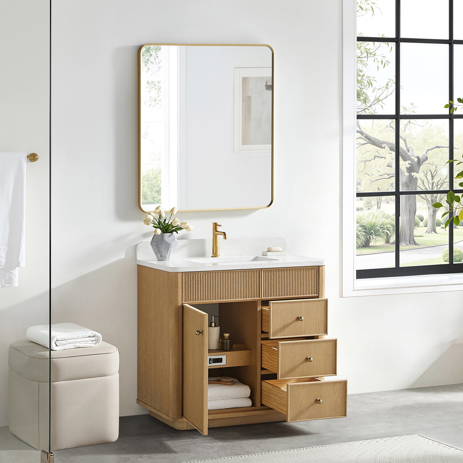 Zogno 36″ Solid Wood Single Bath Vanity in Washed Ash Gray with White Stone Top