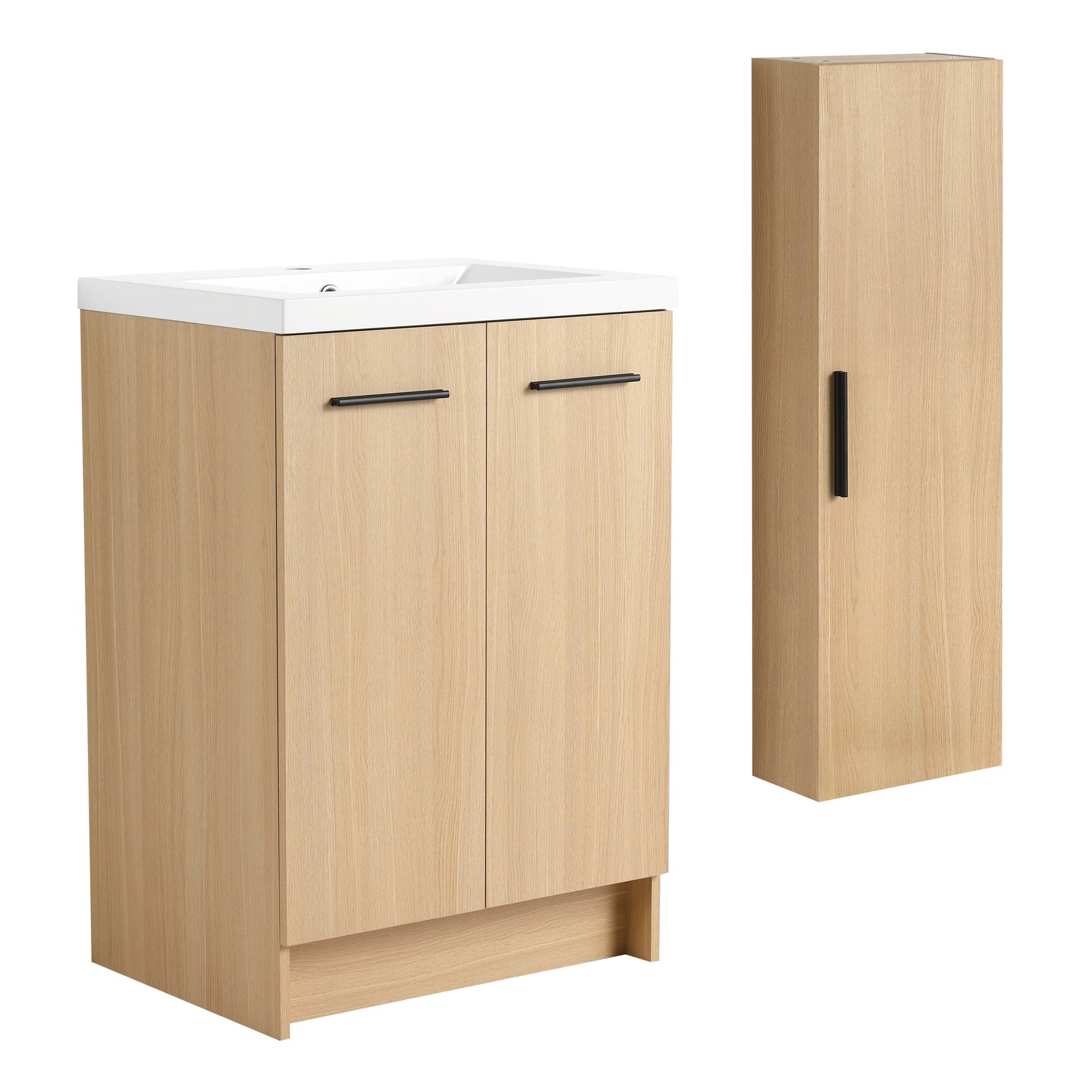 24″ Freestanding Bathroom Vanity Set with Tall Linen Cabinet, Light Oak