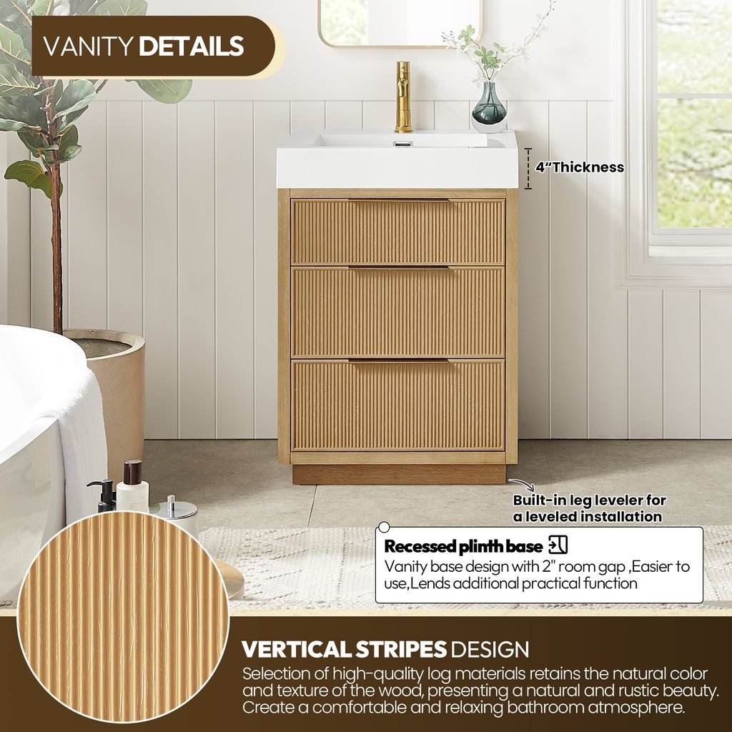 Hohhot 24″ Single Bath Vanity in Washed Ash Grey with White Stone Top