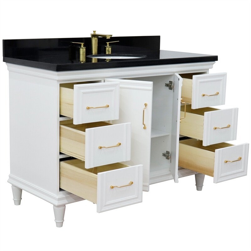 49 in. Single Wooden Vanity White with Black Galaxy Granite Oval Sink