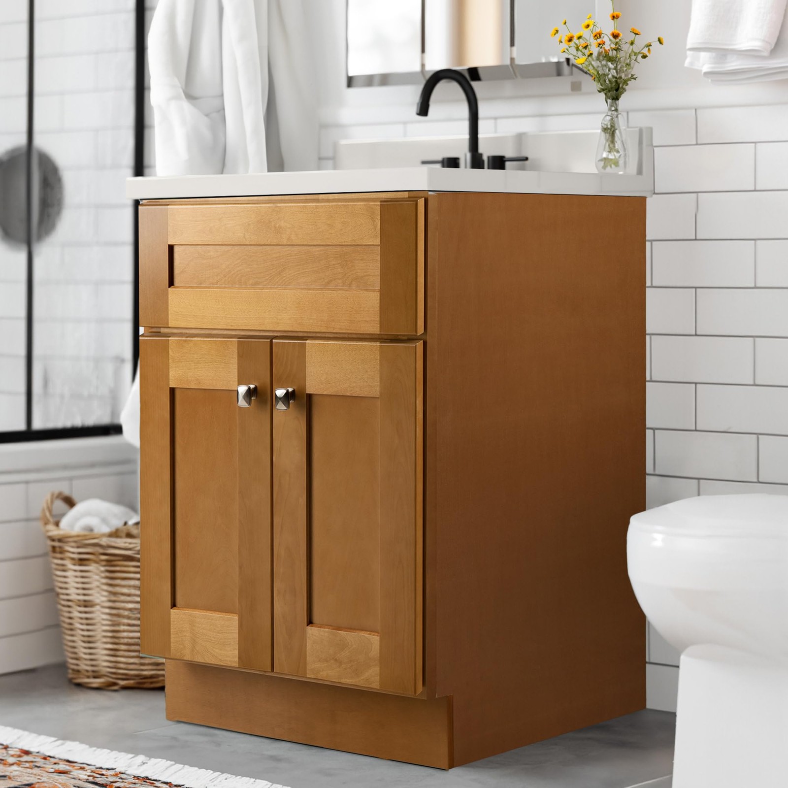 Brookings Vanity in Birch w/ White Marble Top Fully Assembled 25″