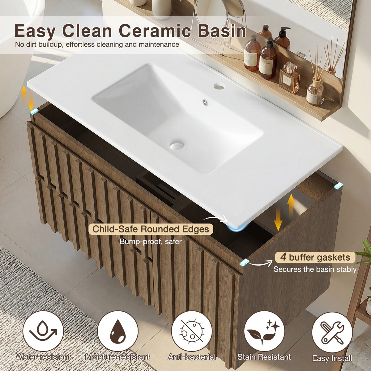 36″ Floating Bathroom Vanity with Ceramic Sink Wall Mounted Soft Close Drawers