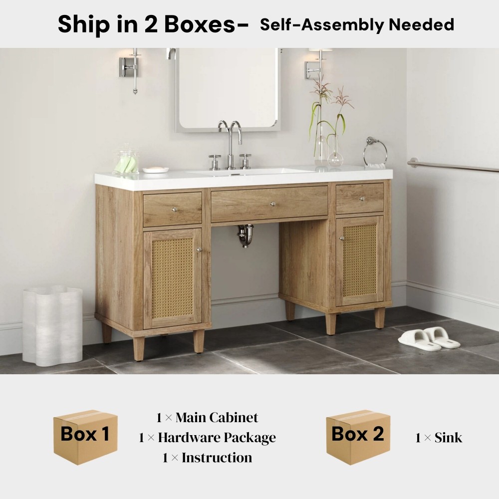 60 Inch Bathroom Vanity with SMC Sink, Modern Spacious Bathroom Storage Cabinet