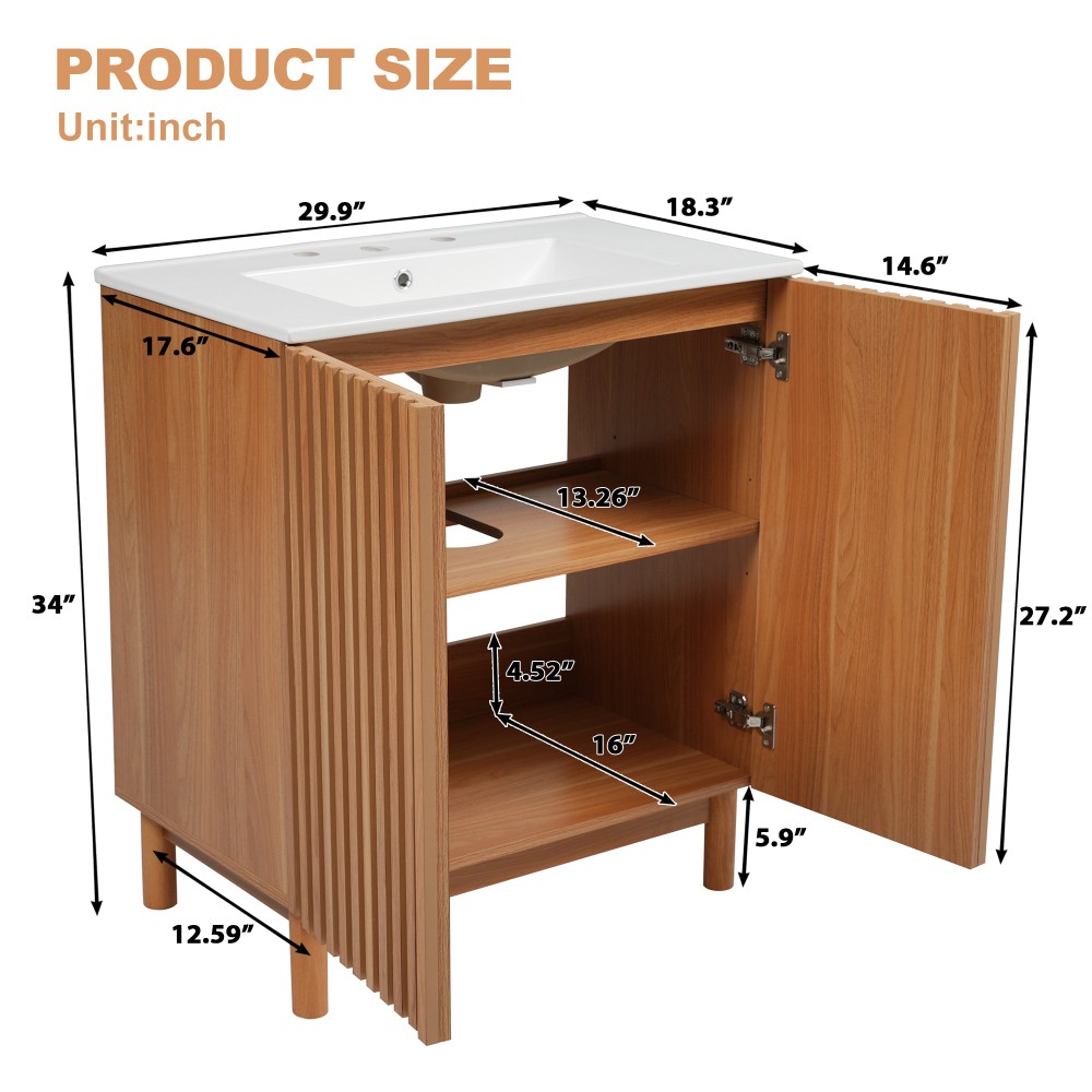 29.9-inch Traditional Bathroom Vanity with Ceramic Sink, Solid Wood Legs