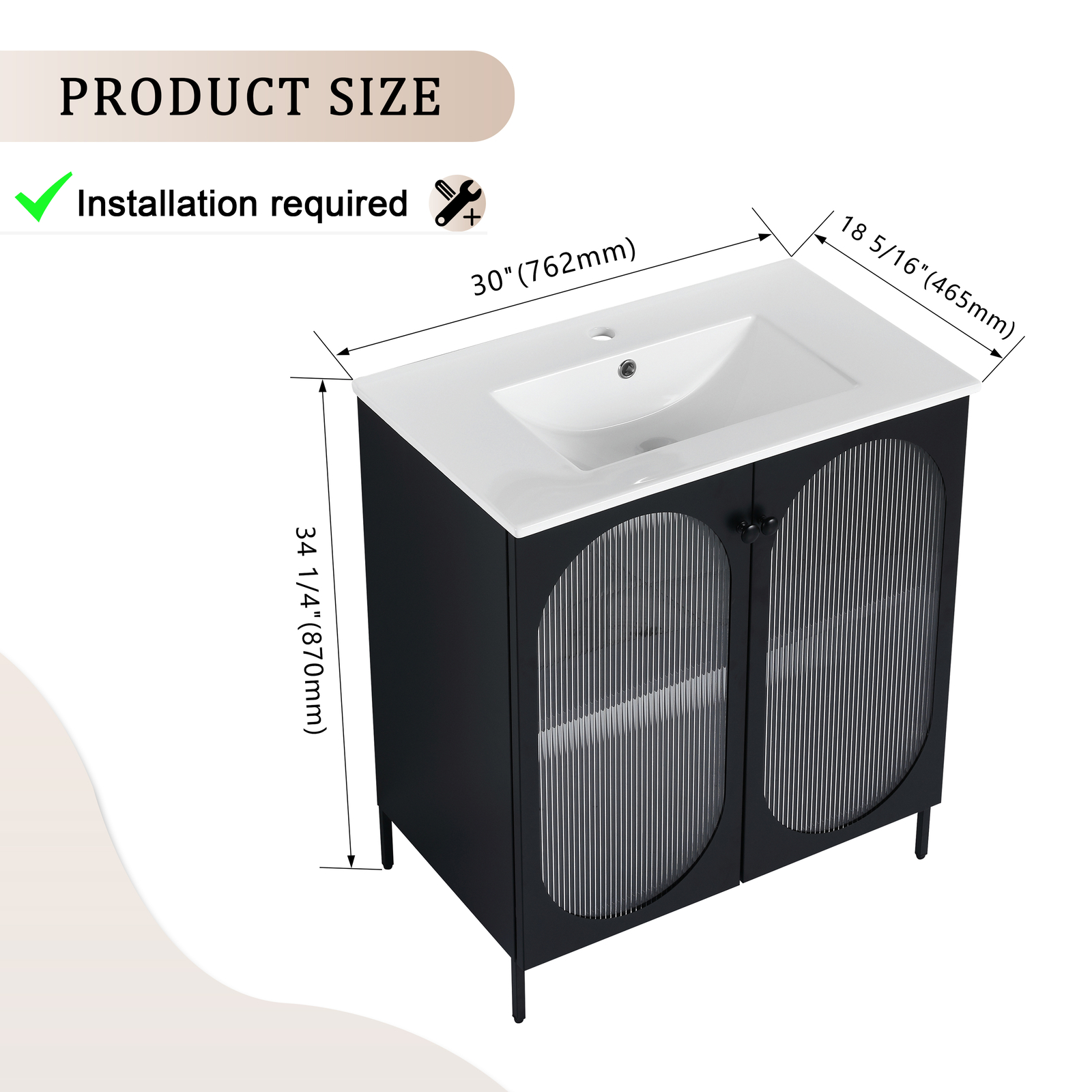 30In Metal Freestanding Bathroom Vanity Cabinet Single Ceramic Sink Basin Black