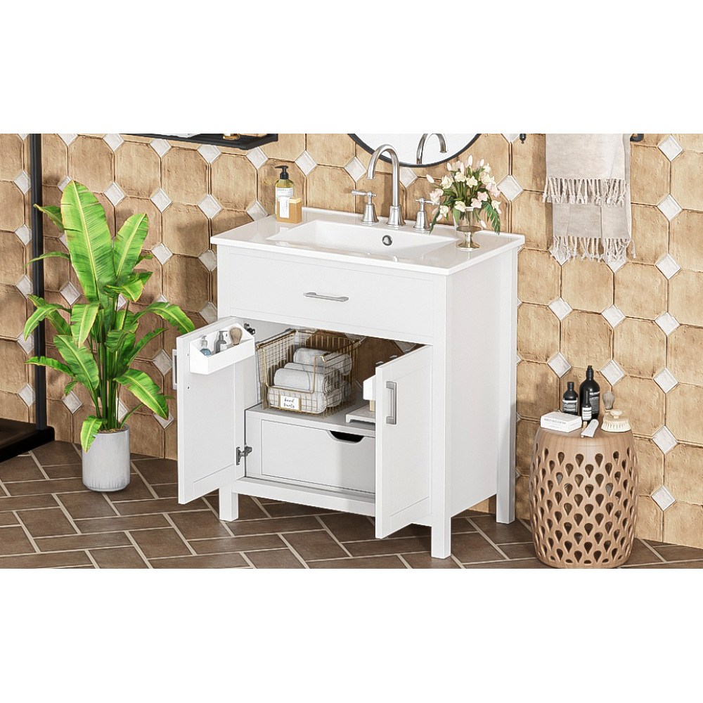 30″ Bathroom Vanity Ceramic Sink Soft Close 2 Door Drawer Silver Storage Cabinet