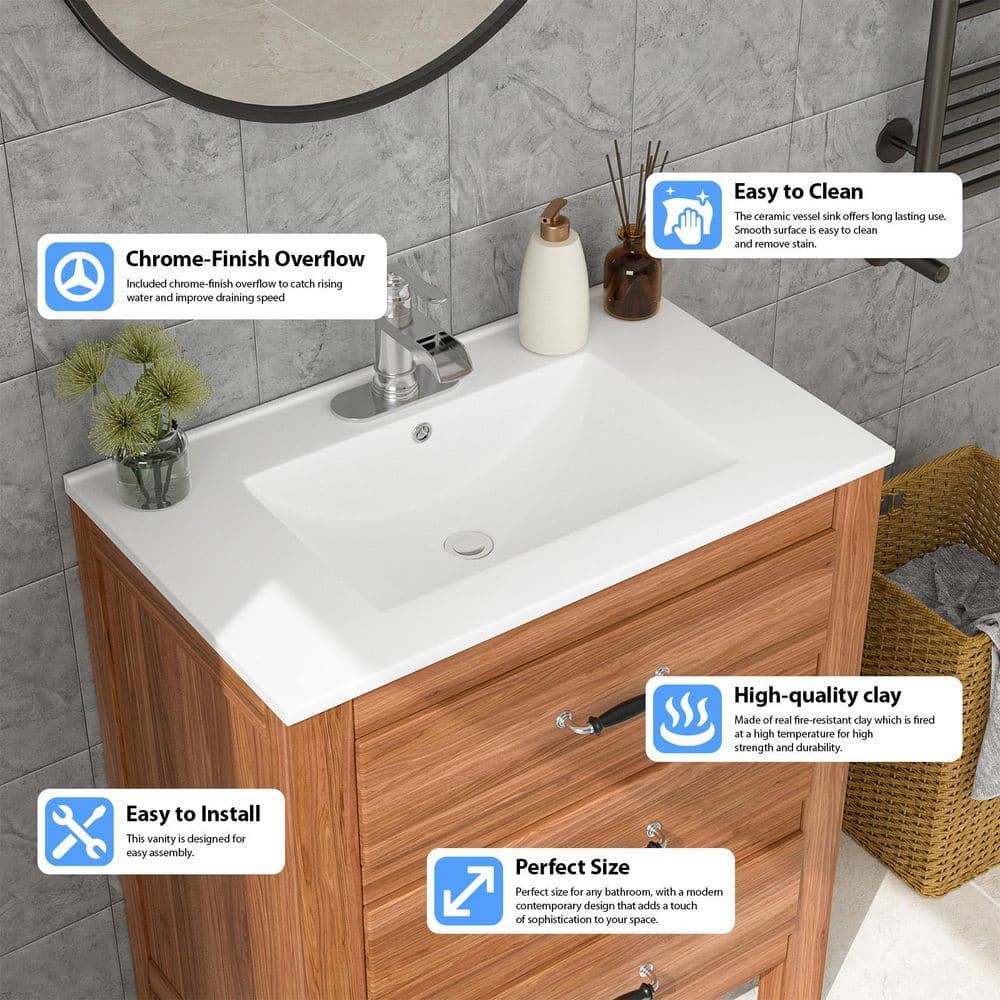 LORDEAR 30″ W x 18.5″ D White Ceramic Bathroom Vanity Top Sink Single Hole
