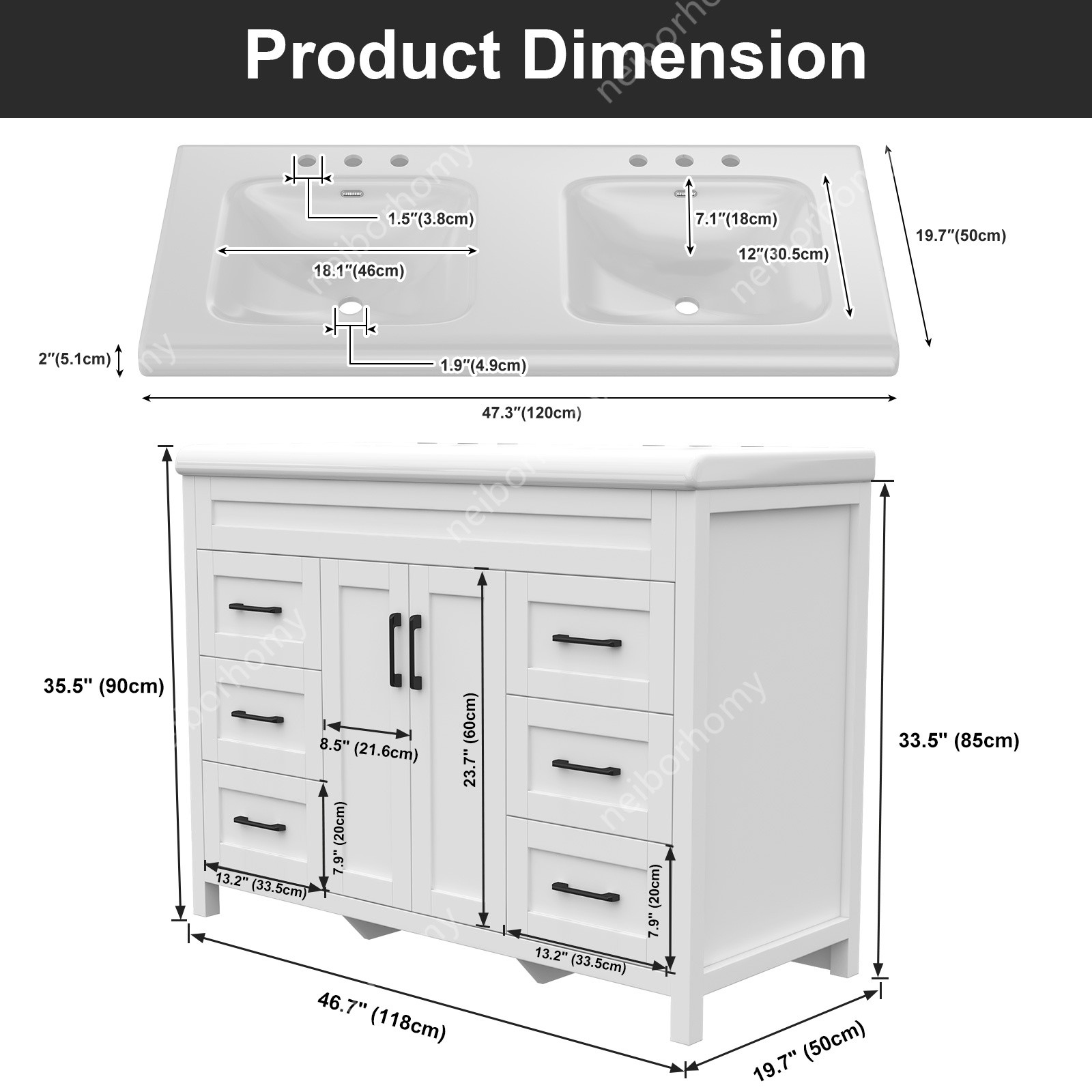 47″ Bathroom Vanity Double Sink Ceramic Freestanding Cabinet Storage Drawers