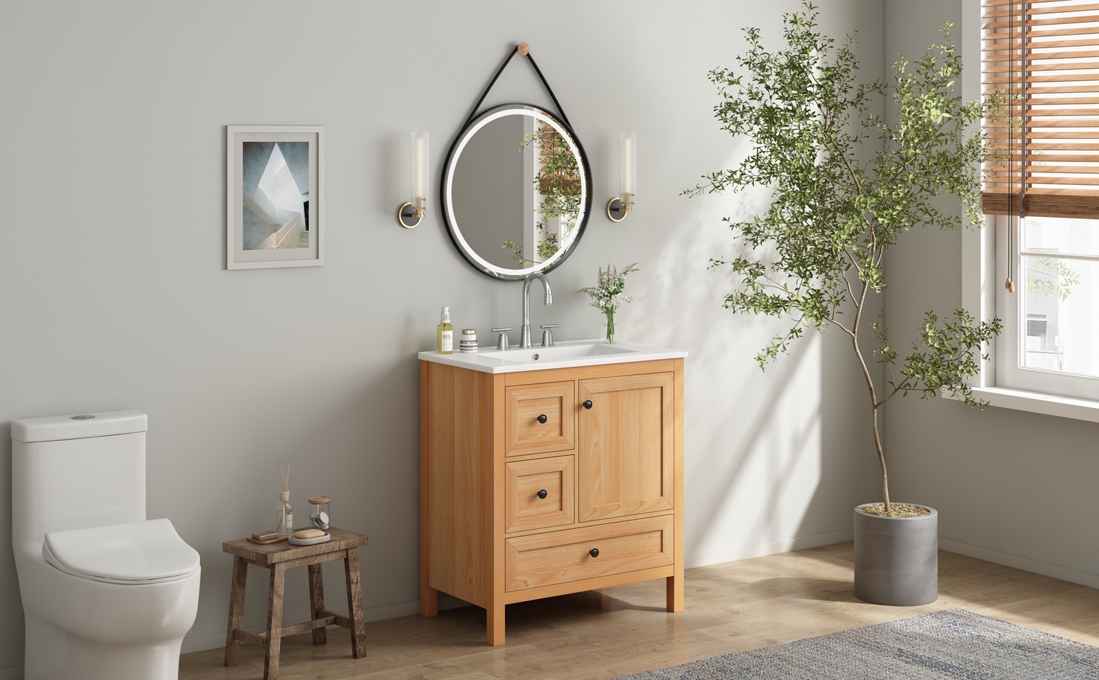 30″ Bathroom Vanity with Ceramic Sink Wood Grain Cabinet with Soft-Close Drawer