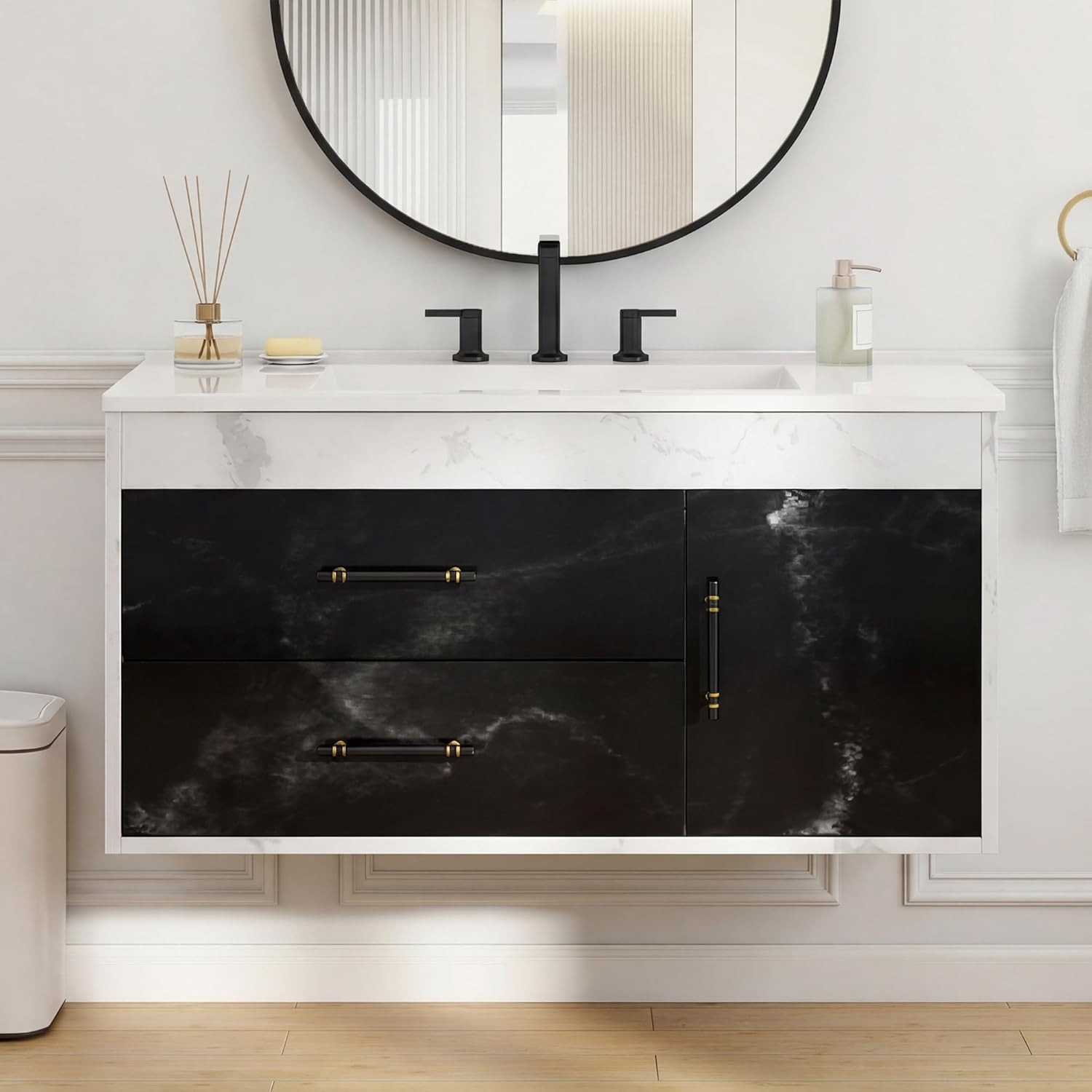 37″ Floating Bathroom Vanity with Sink Wall Mounted Cabinet Black White