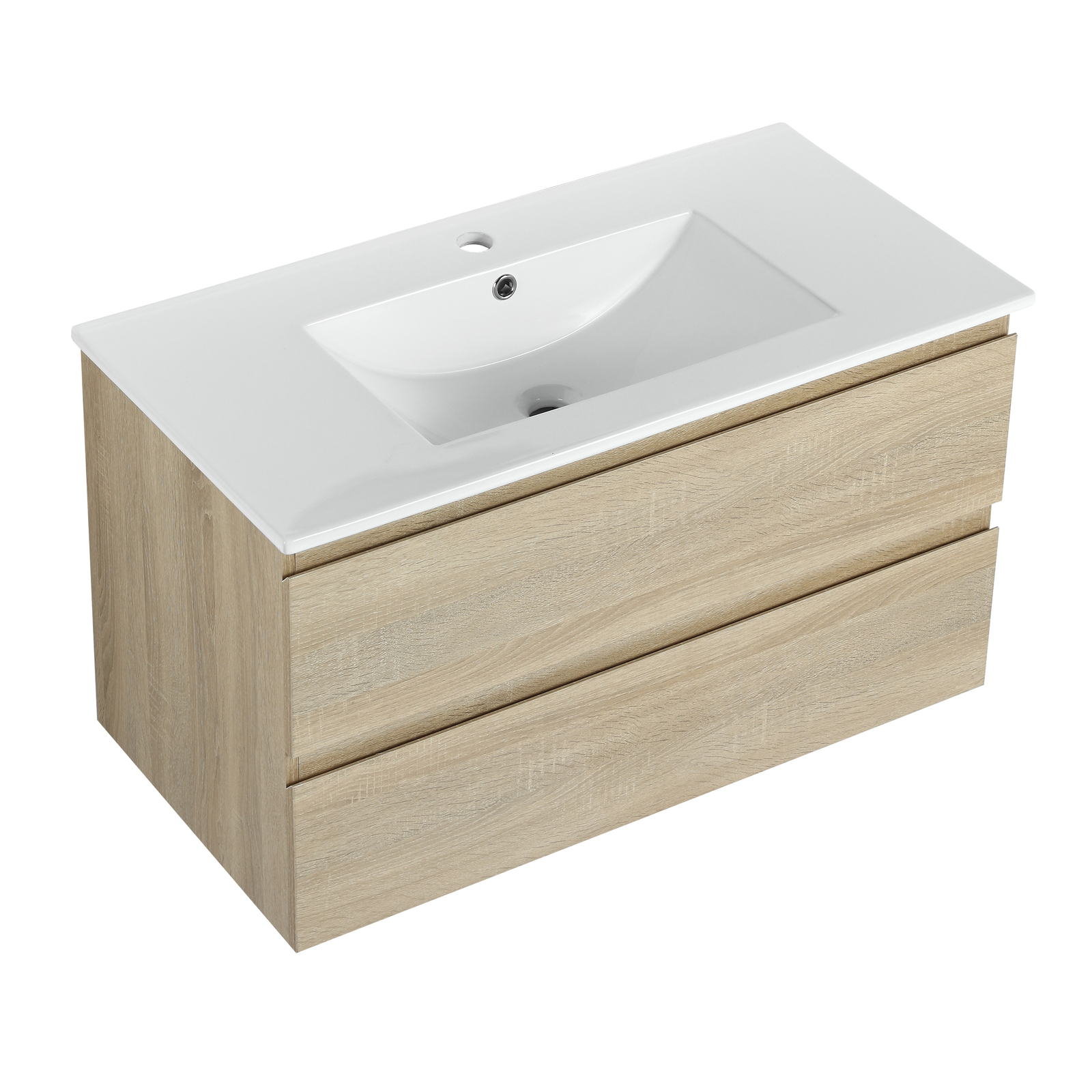 36″ Wood Wall Mounted Bathroom Vanity W/ 2 Drawers +Ceramic Sink Basin Light Oak