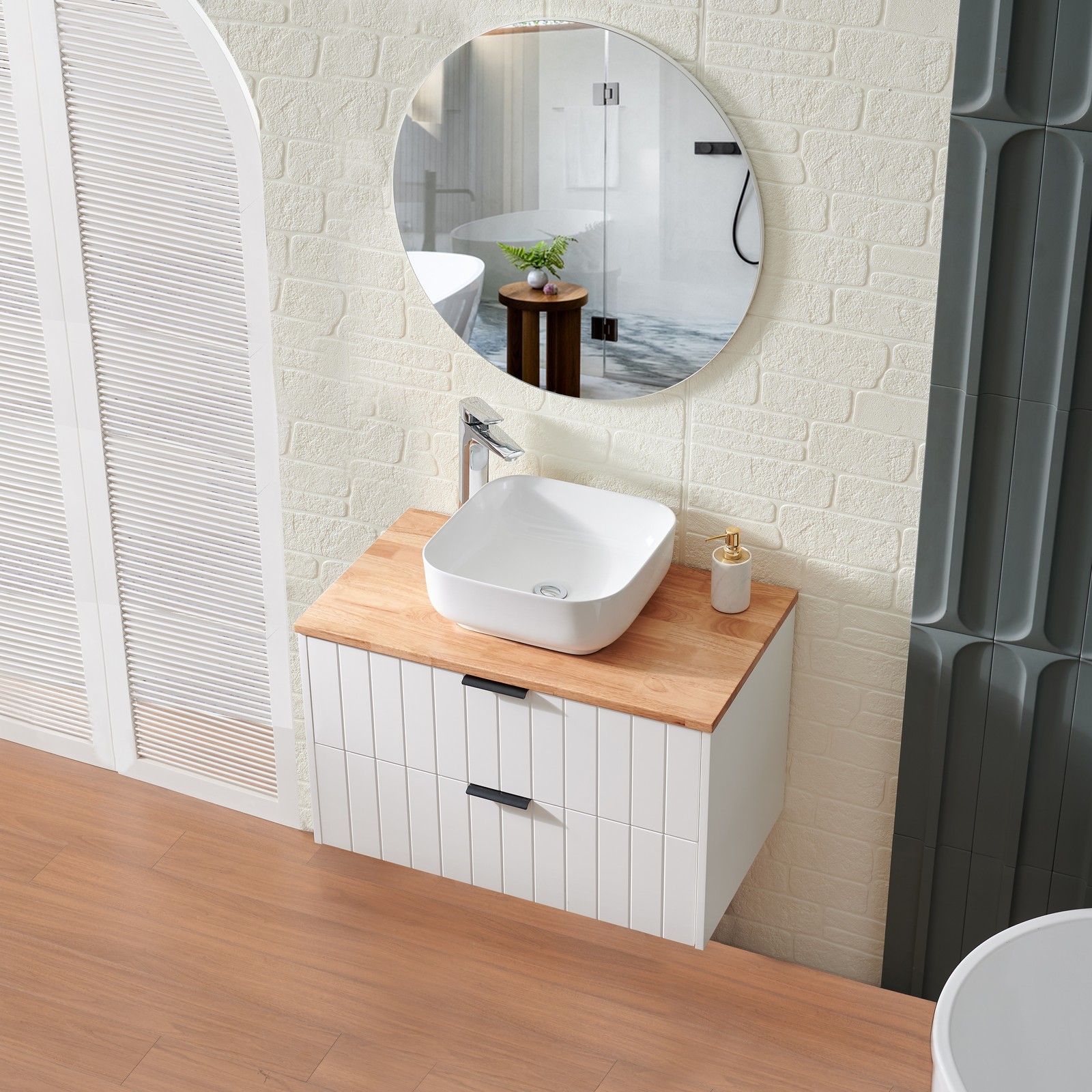 32 Inch Double Drawer Wall Mount Bathroom Vanity White Cabinet Solid Wood Top