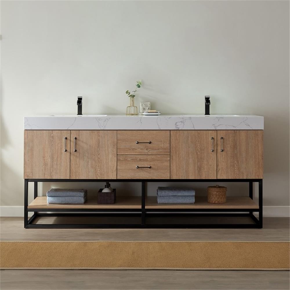 Pemberly Row 72″ White Stone Top Oak Double Vanity Black Frame w/o Mirror
