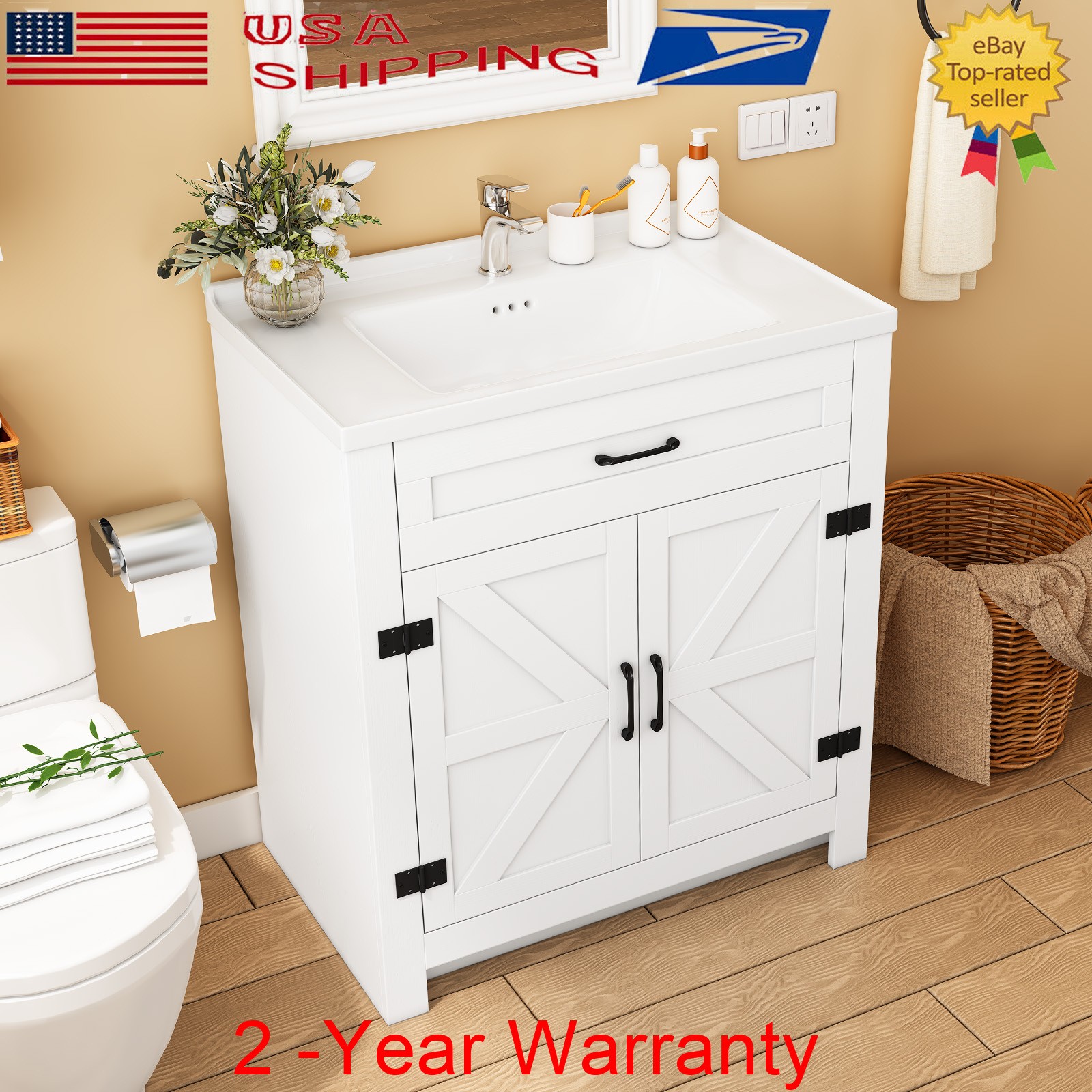 Farmhouse Bathroom Vanity with Ceramic Sink, 35.4 Inch Bathroom Vanity Cabinet