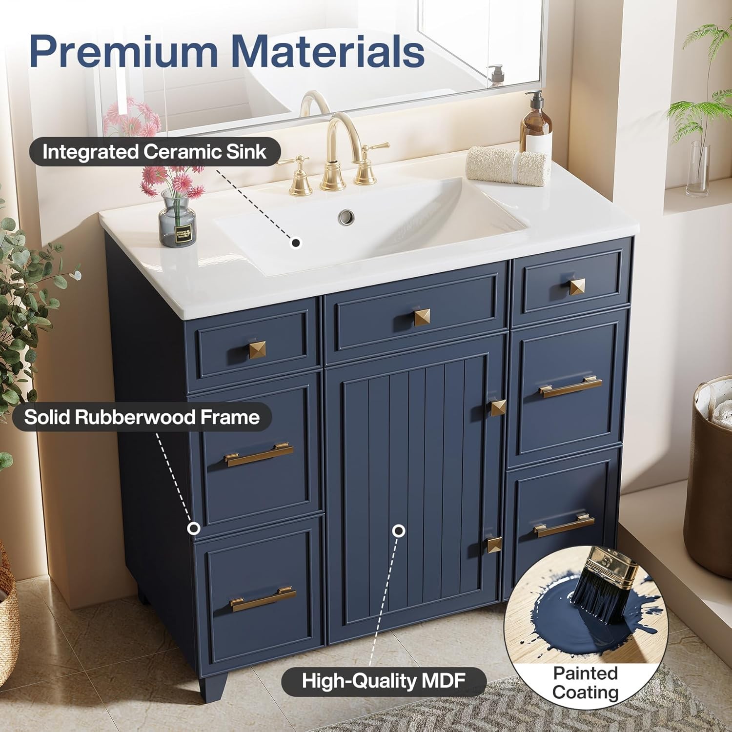 36 Inch Bathroom Vanity with Sink, Modern Bathroom Cabinet w/ 1 Door & 4 Drawers