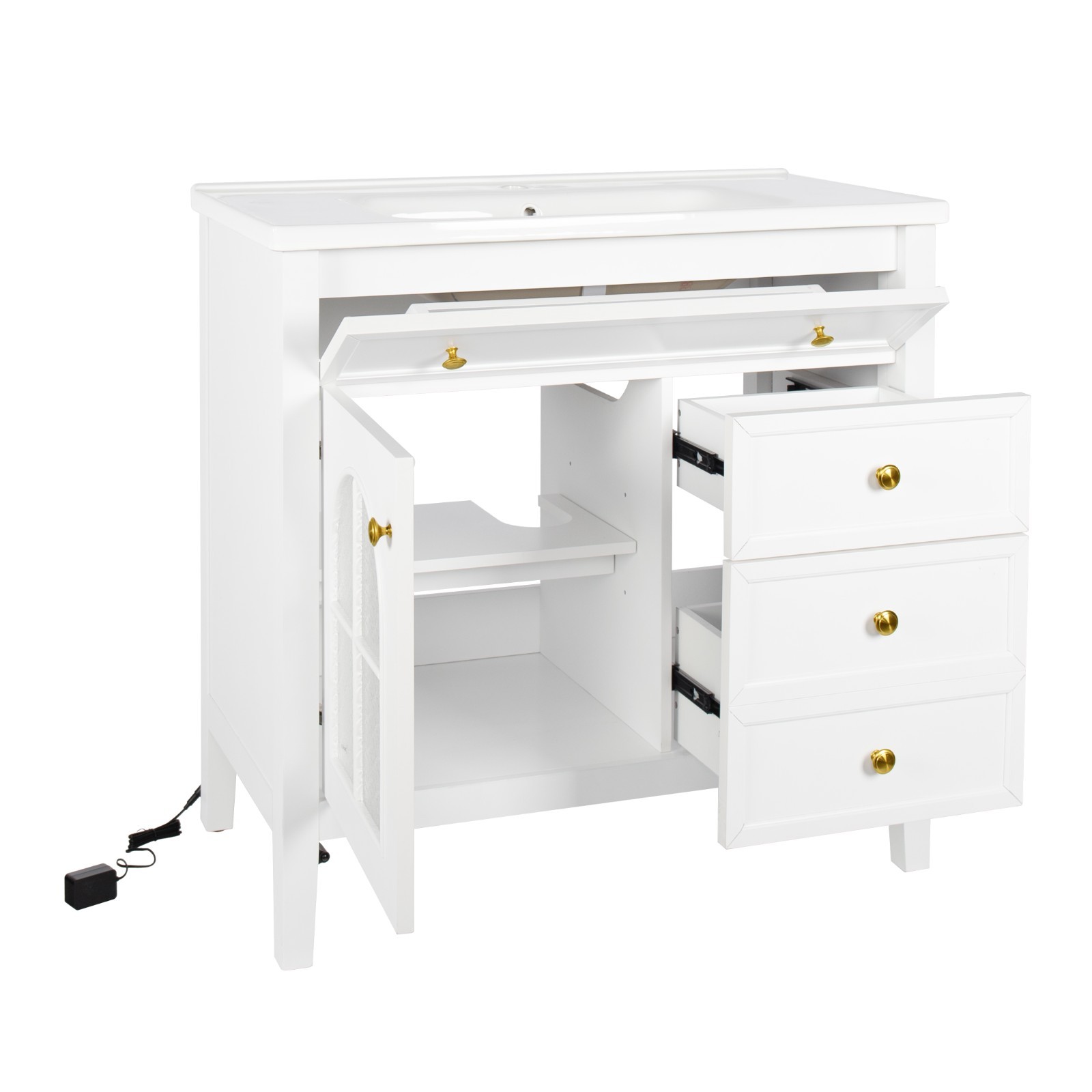 35.6″ Bathroom Vanity Storage Cabinet w/ Ceramic Sink Glass Motion Sensor Light