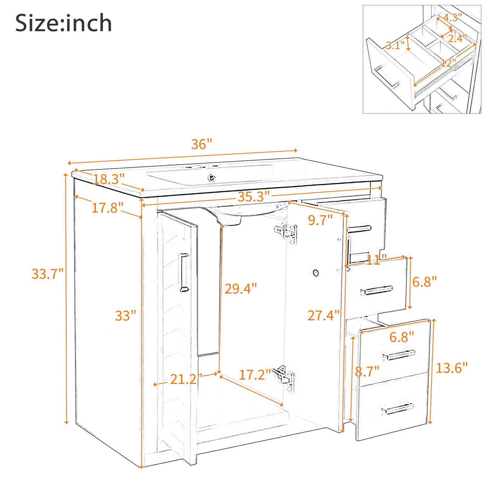 36″ Bathroom Vanity with Ceramic Sink, Solid Wood Frame, 3 Drawers, Black