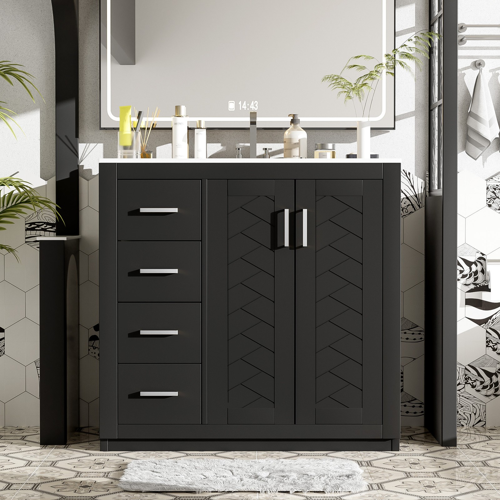 36″ Bathroom Vanity with Ceramic Sink, Solid Wood Frame, 3 Drawers