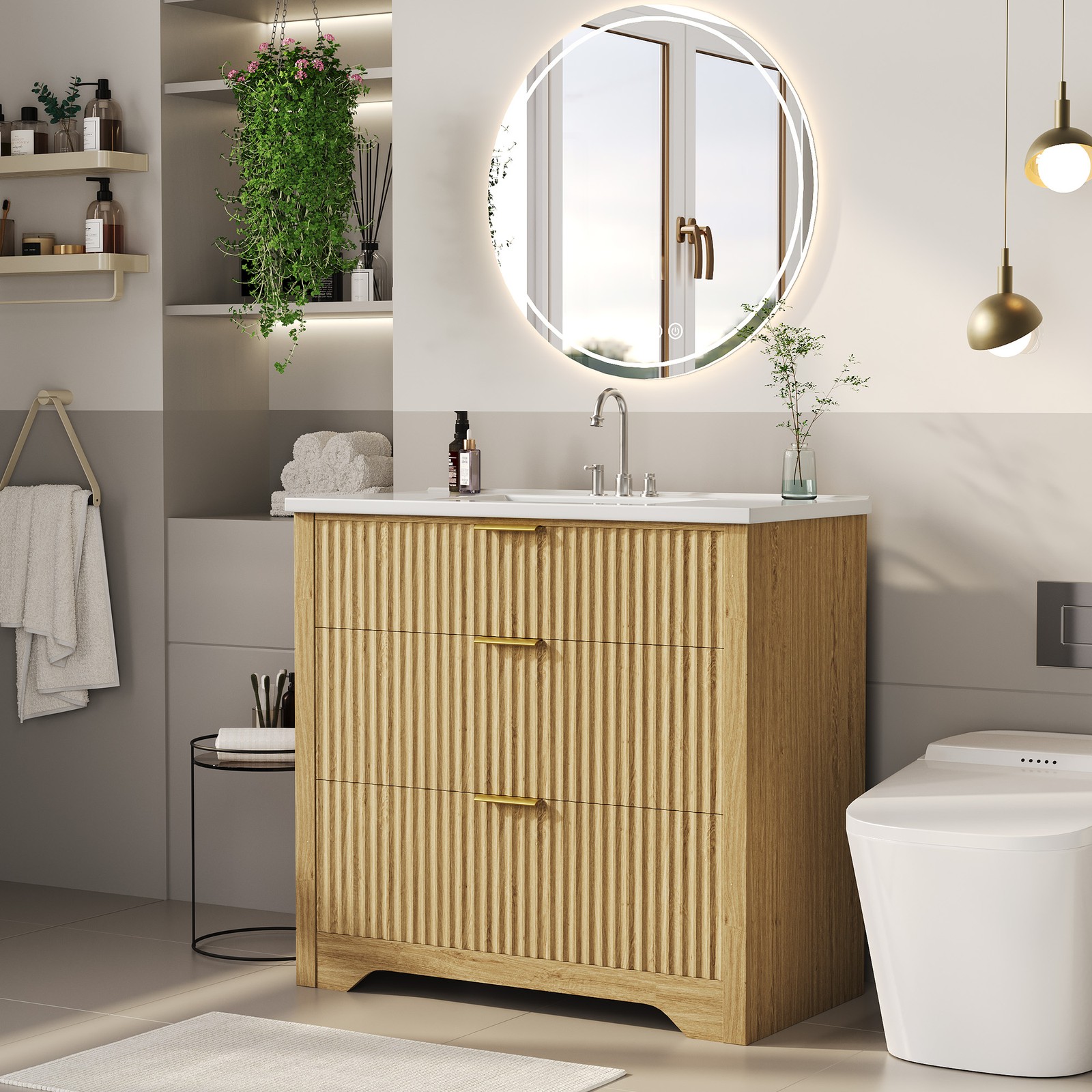36” Modern Fluted Bathroom Vanity Freestanding Cabinet with Sink, 3 Drawers