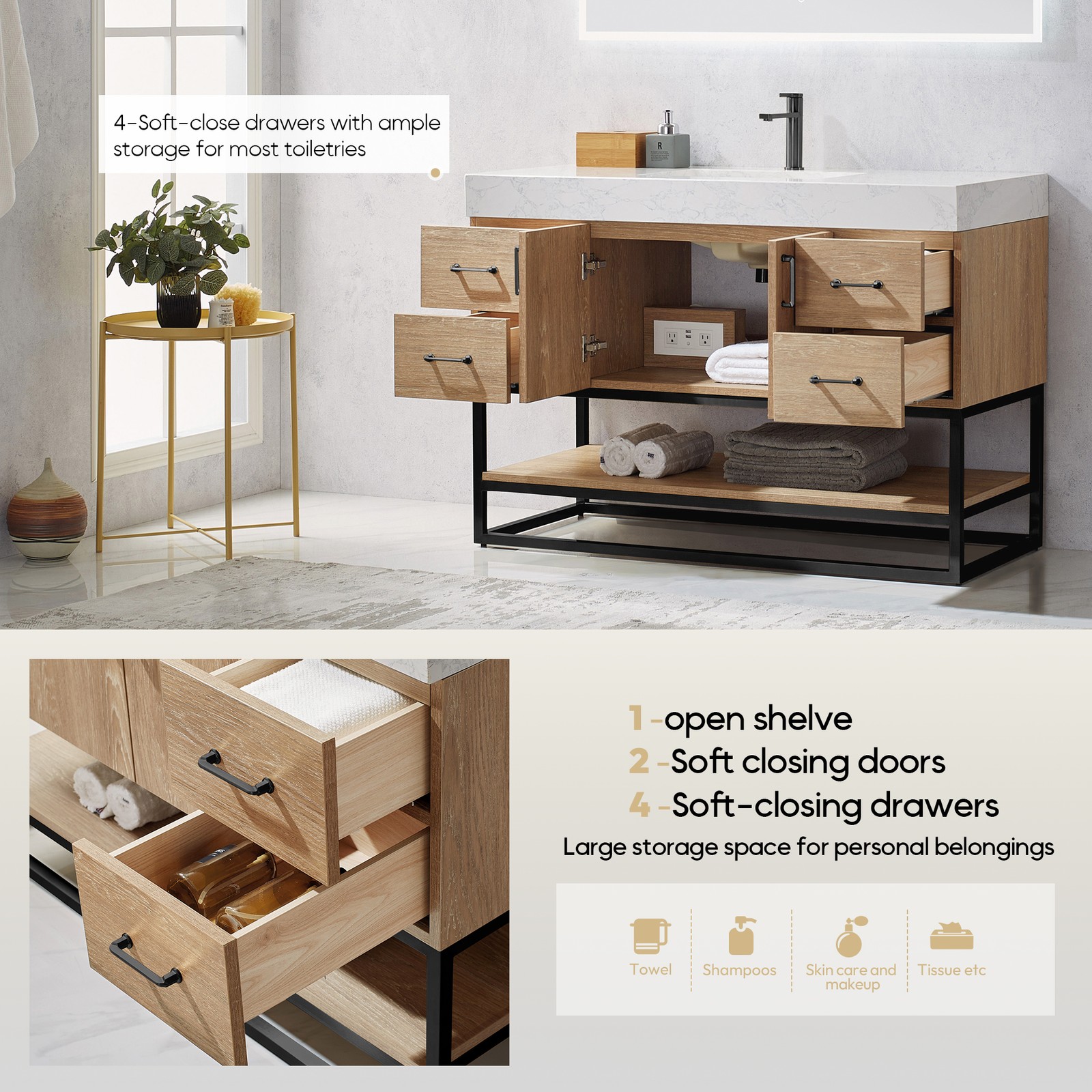 Vinnova Alistair 48″ White Stone Top Oak Single Vanity Black Frame w/o Mirror