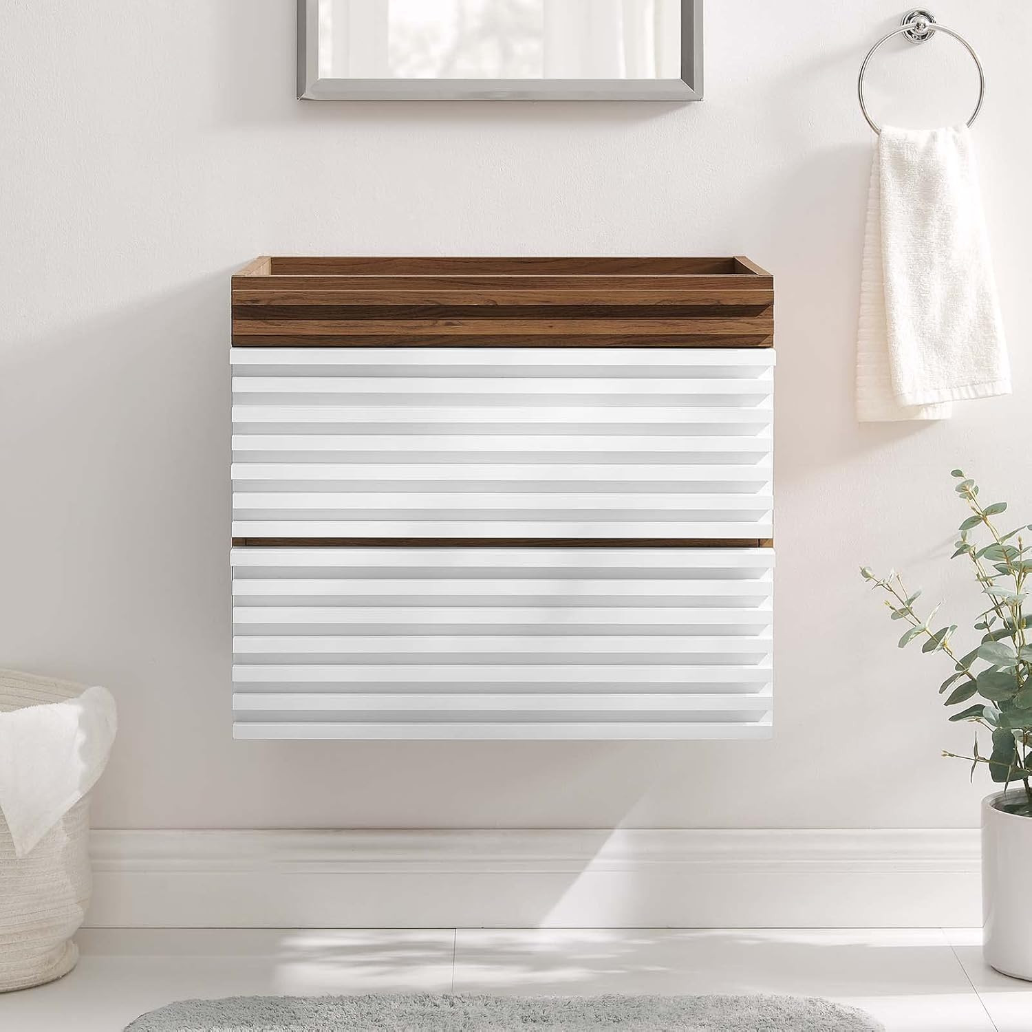 24″ White Walnut Wall-Mount Bathroom Vanity Cabinet – Sink Not Included