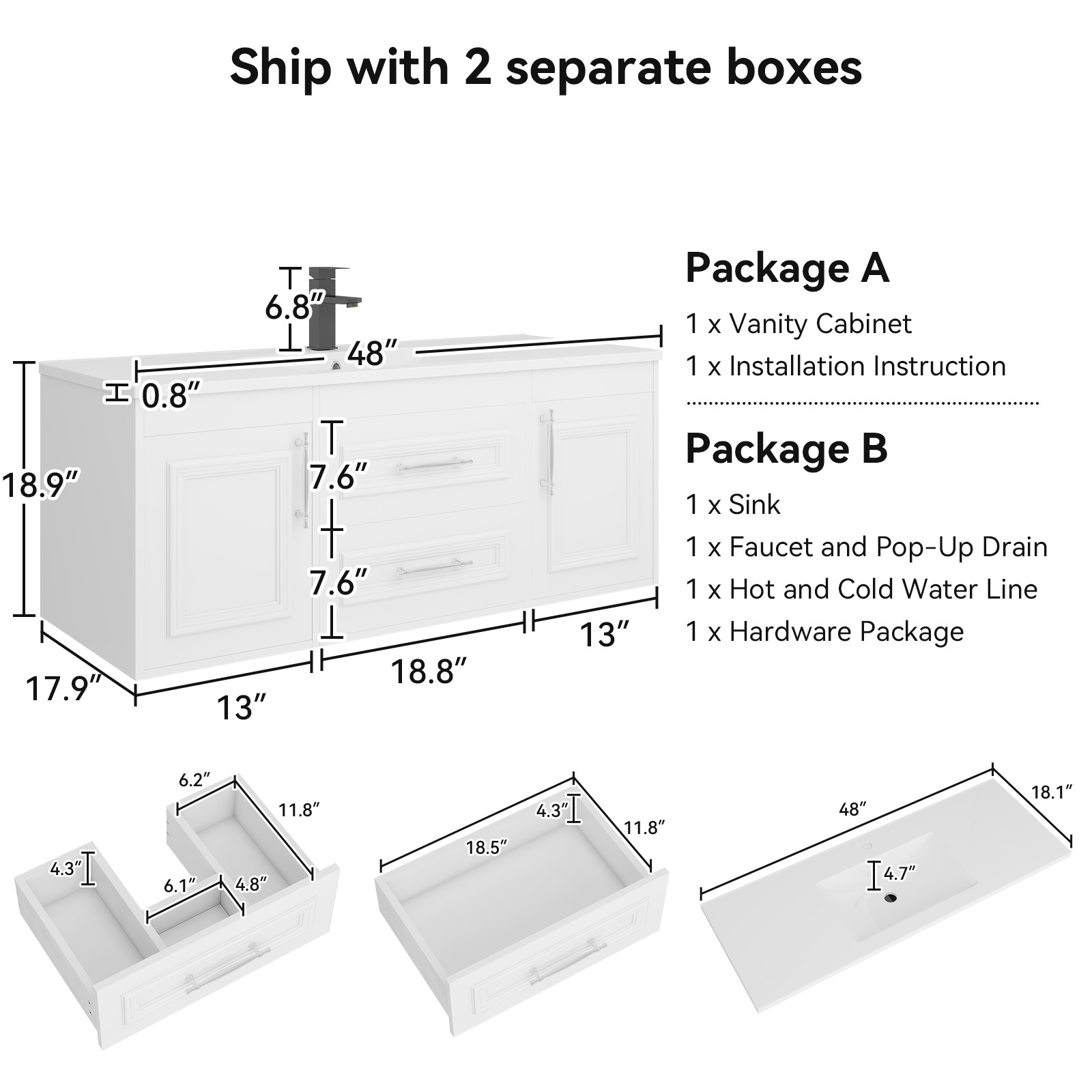 48″ White Wall Mount Floating Bathroom Vanity with Sink 2 Soft Close Drawers