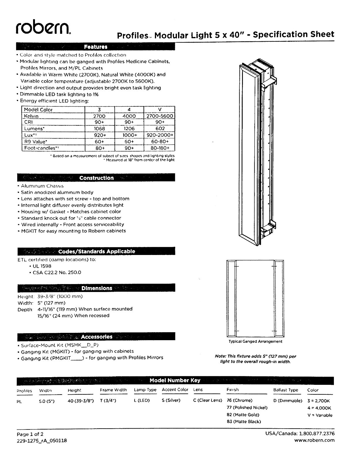 Robern PL5.040TLSC76DV – Profiles Modular Variable Light, 5″ x 40″ – Chrome