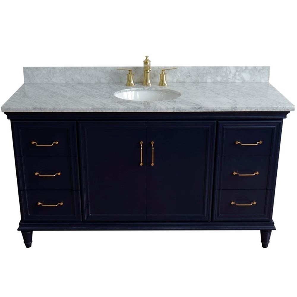 61 in. Single Wooden Vanity Blue White Carrara Marble Oval Sink