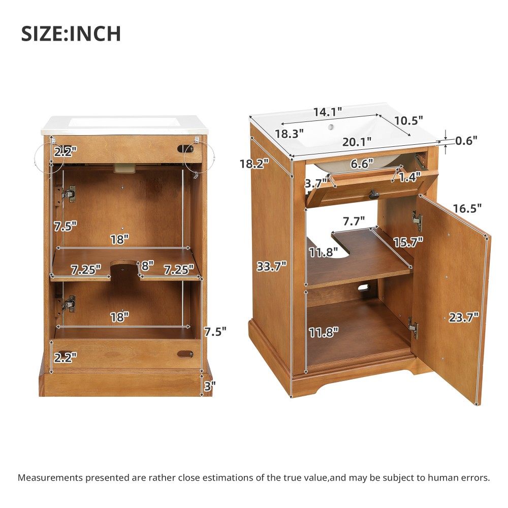 20″ Bathroom Vanity with Integrated Ceramic Sink Cabinet with Soft-Closing Door