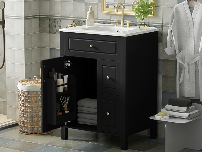 24Inch Bathroom Vanity Modern Bathroom Storage Cabinet with Ceramic Sink Black