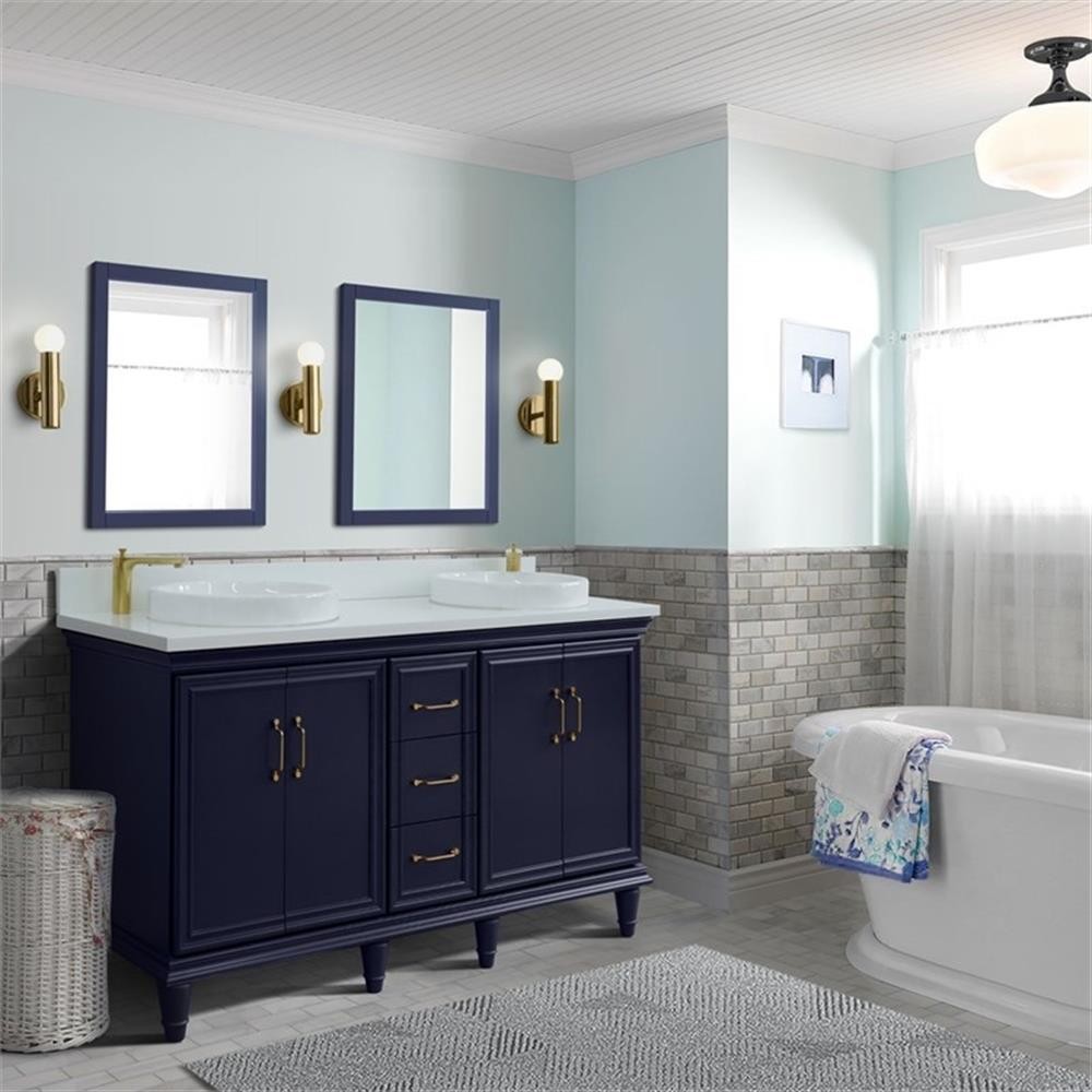 61 in. Double Wooden Vanity Blue White Quartz Round Sink