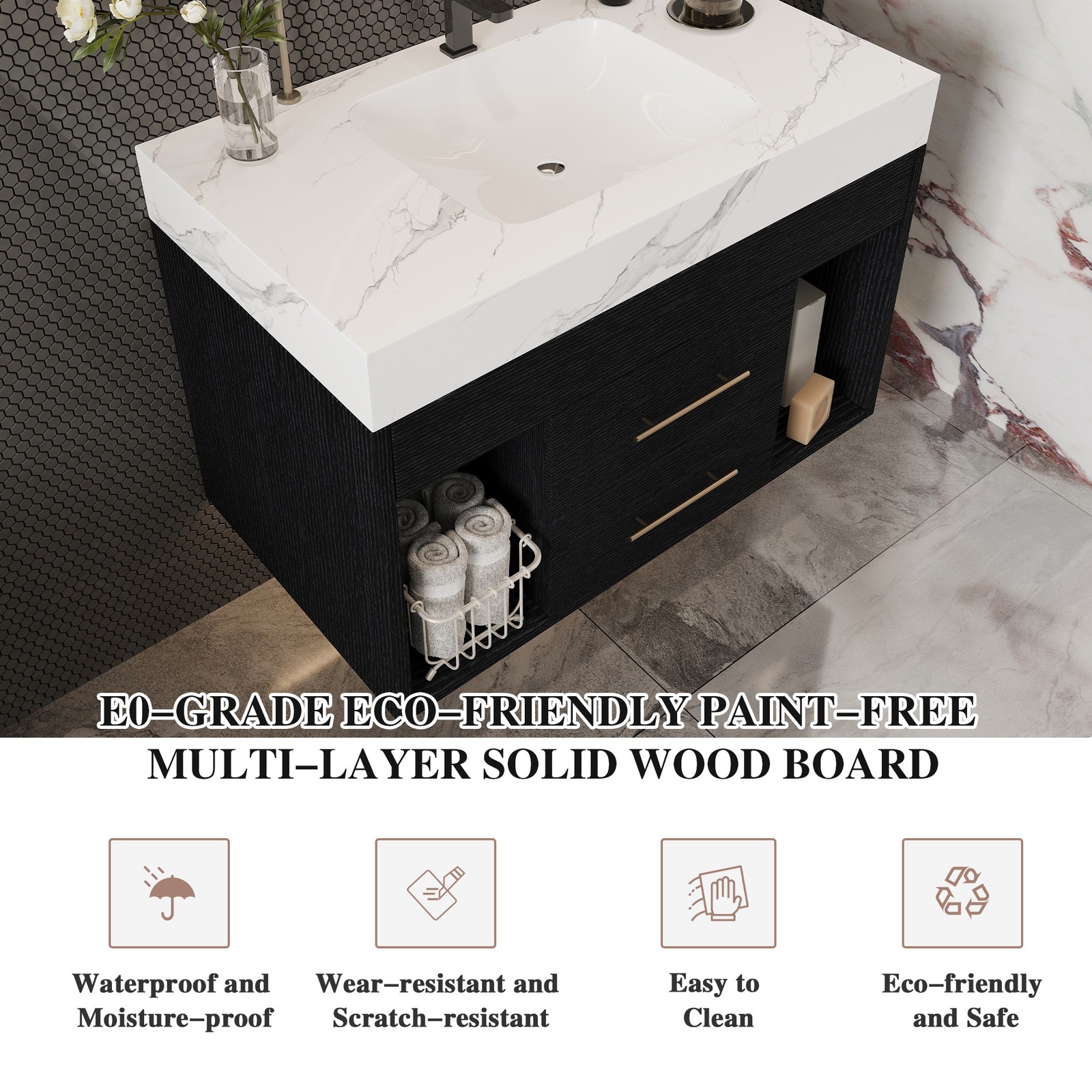 Modern Floating Bathroom Vanity Sintered Stone Top Ceramic Undermount Sink 29.9″
