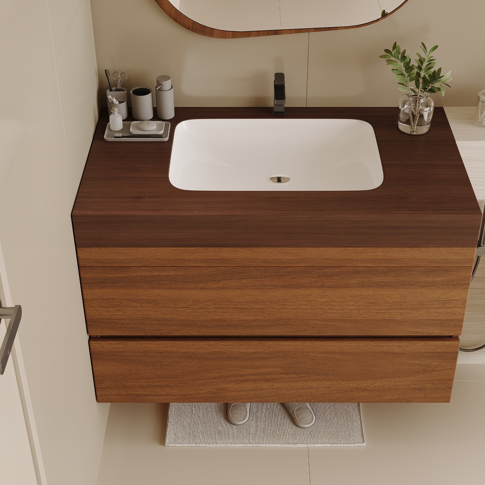 29.9″ Floating Bathroom Vanity with Marble Top and Ceramic Sink