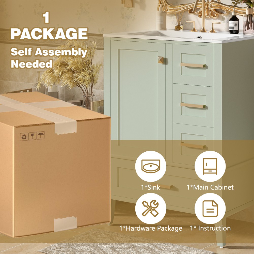 24.8″ Solid Wood MDF Bath Vanity Ceramic Sink Soft Close Door 3 Drawers Storage
